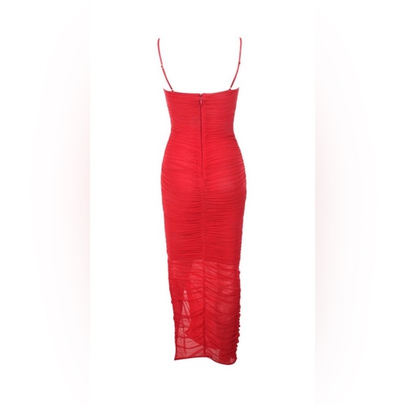 House Of CB Fornarina Red Ruched Bodycon Organza
Mesh Midi Dress with Side Slit - Picture 13 of 16